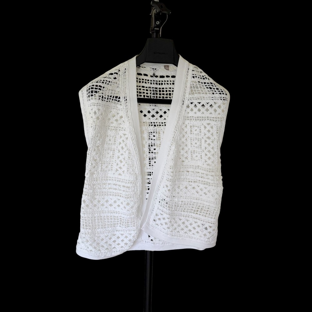 Knitted & Knotted Anthropologie White Crochet Knit Vest Open Front XS Boho